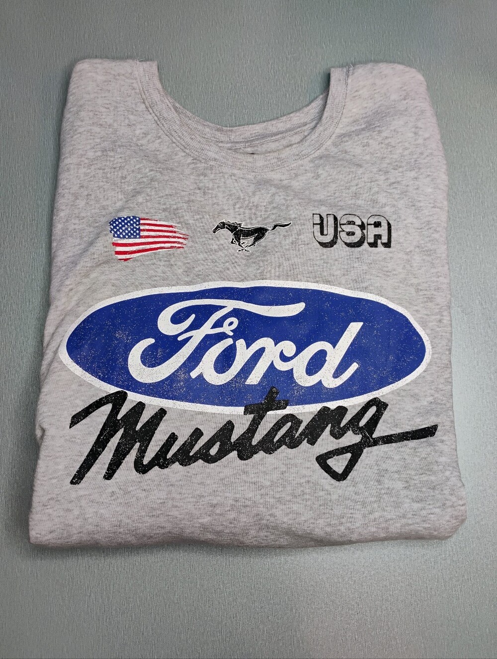 Ford Mustang Gray Crewneck Tee with Blue Logo
